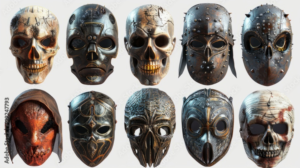 Artistic display of ten unique decorative masks arranged in two rows on a neutral background Artistic display of ten unique decorative masks arranged in two rows on a neutral background