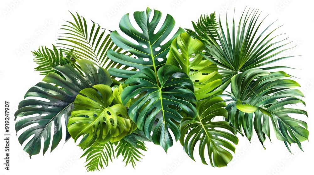 A vibrant collection of tropical leaves showcasing diverse textures and shades of green, perfect for nature-inspired designs. A vibrant collection of tropical leaves showcasing diverse textures and shades of green, perfect for nature-inspired designs.