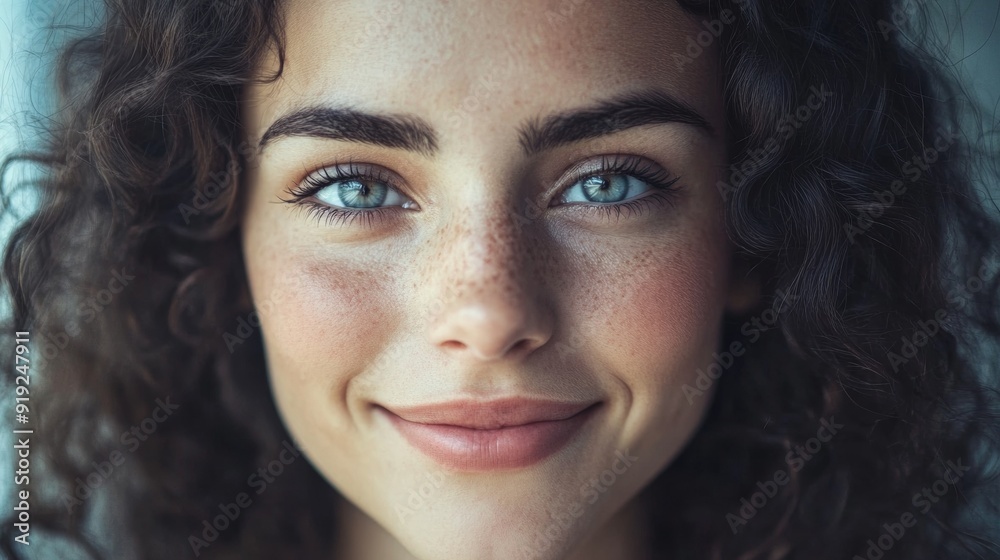 A woman with blue eyes and brown hair is smiling A woman with blue eyes and brown hair is smiling