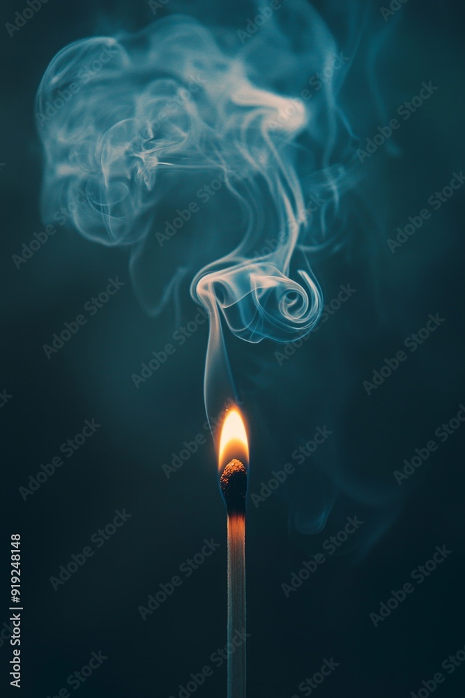 A lit matchstick in a dark room with smoke curling upwards. A lit matchstick in a dark room with smoke curling upwards.