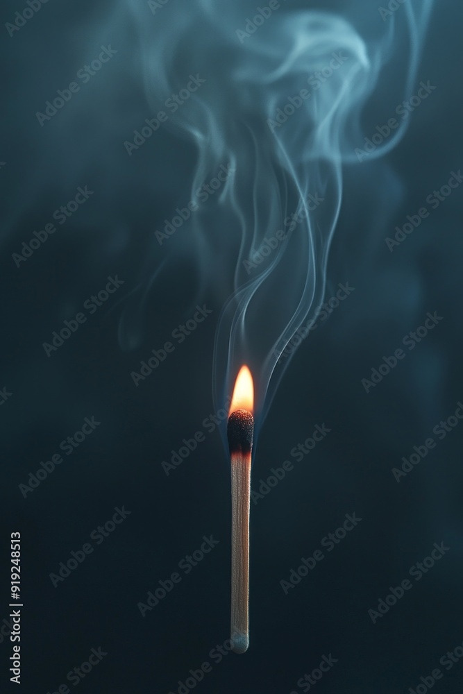 A lit matchstick in a dark room with smoke curling upwards. A lit matchstick in a dark room with smoke curling upwards.