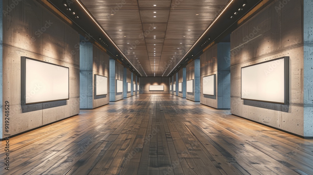 Modern art gallery interior with empty canvases and wooden flooring during daytime Modern art gallery interior with empty canvases and wooden flooring during daytime