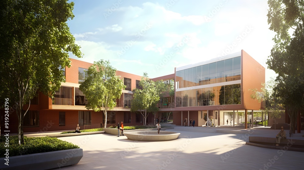 Modern Brick Building with Courtyard and People Modern Brick Building with Courtyard and People