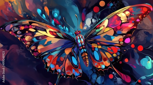 Butterfly in Japanese anime style with wings painted with patterns, butterfly forces on kimano, colorful drawing in anime style with paints