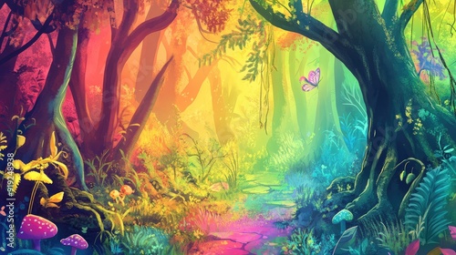The background is colorful, painted with colors on the theme of a fabulous forest, very joyful and positive color, acrylic paints, oil, modern art