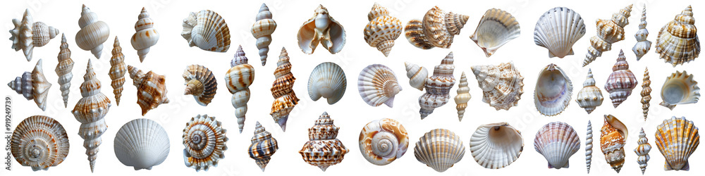 Various seashells arranged artistically isolated on a transparent background - Highlight their unique shapes and textures with natural lighting Various seashells arranged artistically isolated on a transparent background - Highlight their unique shapes and textures with natural lighting