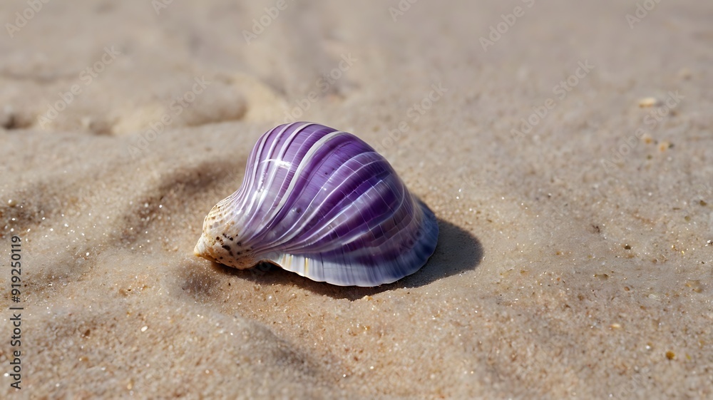 Unique purple seashells by the sea, sea shells view on sands of beach, seaside shores Unique purple seashells by the sea, sea shells view on sands of beach, seaside shores