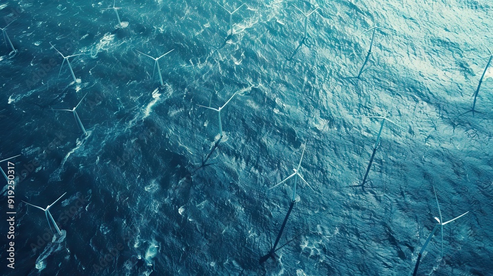 A group of majestic wind turbines standing tall in the ocean against a cloudy sky, harnessing the power of the wind to generate sustainable energy. AI generated illustration A group of majestic wind turbines standing tall in the ocean against a cloudy sky, harnessing the power of the wind to generate sustainable energy. AI generated illustration