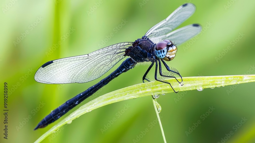 A close-up of a dragonfly perched on a blade of grass, with the intricate details of its wings and the dewdrops clinging to the grass in sharp focus A close-up of a dragonfly perched on a blade of grass, with the intricate details of its wings and the dewdrops clinging to the grass in sharp focus