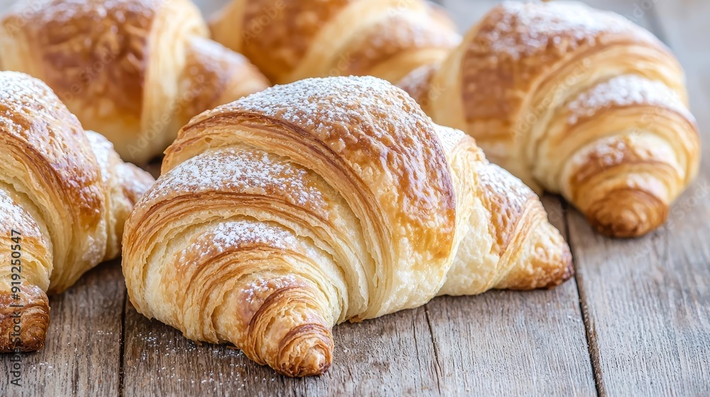 A close-up of freshly baked croissants on a rustic wooden table, with flaky layers and powdered sugar lightly dusting the surface A close-up of freshly baked croissants on a rustic wooden table, with flaky layers and powdered sugar lightly dusting the surface