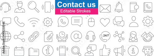 Contact us icon set, editable stroke, communication symbols, customer service, phone, email, chat, heart, bell, global, settings, social media, support, connection, 24/7 service, engagement