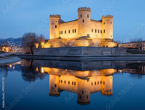 A detailed image of a historic European castle illuminated at night, with its stone walls reflecting in the calm waters of a surrounding moat