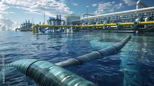 Underwater natural gas or oil pipelines with a valve on seabed shone by light rays. 3D illustration. AI generated illustration photo