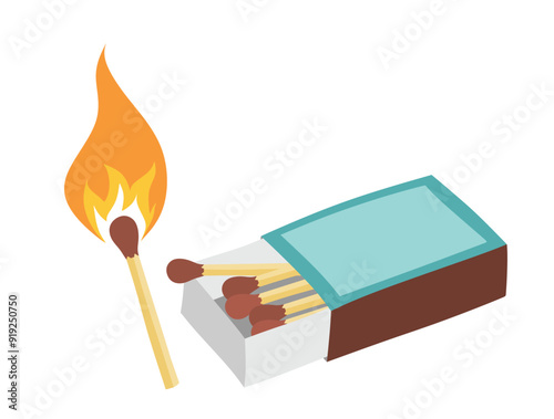 Matchbox and lights a match vector set cute cartoon style.
