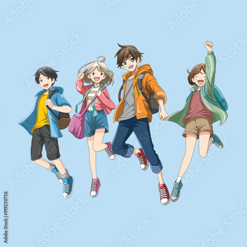 group of student jumping together chibi style