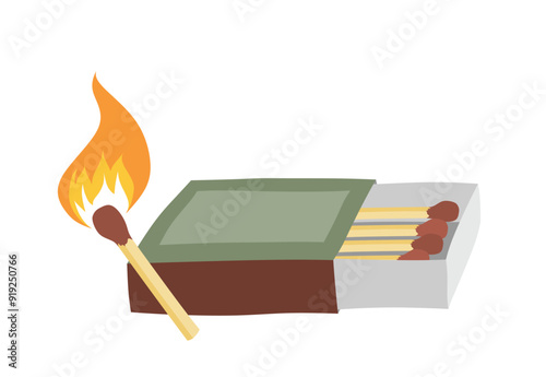 Matchbox and lights a match vector set cute cartoon style.