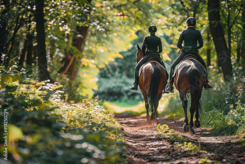 Couple Horseback Riding on Forested Trail with Dappled Sunlight, Capturing the Peaceful and Serene Atmosphere of an Outdoor Adventure in Nature