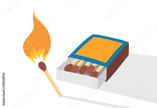 Matchbox and lights a match vector set cute cartoon style.