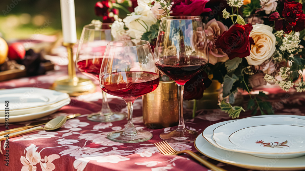 Wedding and event celebration tablescape with flowers, formal dinner table setting with roses and wine, elegant floral table decor for dinner party and holiday decoration, home styling idea Wedding and event celebration tablescape with flowers, formal dinner table setting with roses and wine, elegant floral table decor for dinner party and holiday decoration, home styling idea