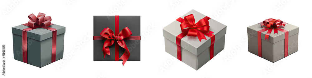 Grey gift box with red ribbon elegant and simple Isolated on transparent white background Grey gift box with red ribbon elegant and simple Isolated on transparent white background