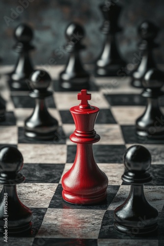 A red chess king surrounded by dark chess pawns on a black-and-white chessboard. 