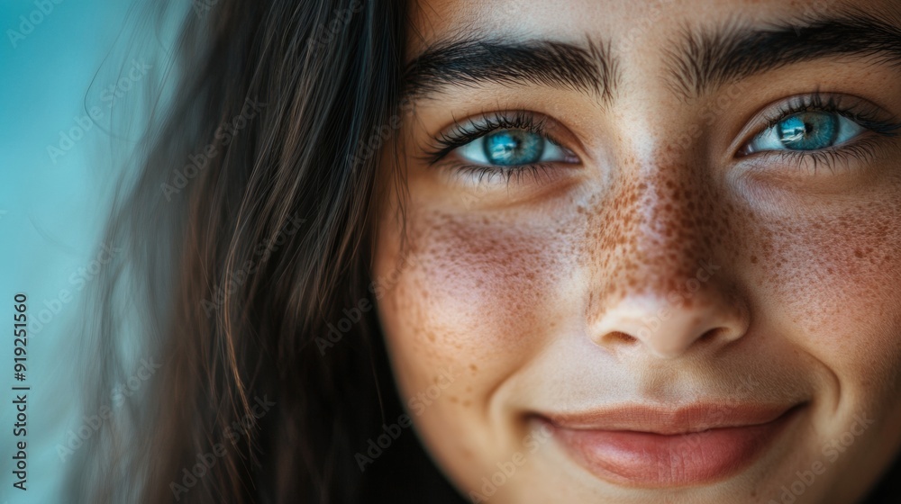 A woman with blue eyes and a red nose is smiling A woman with blue eyes and a red nose is smiling