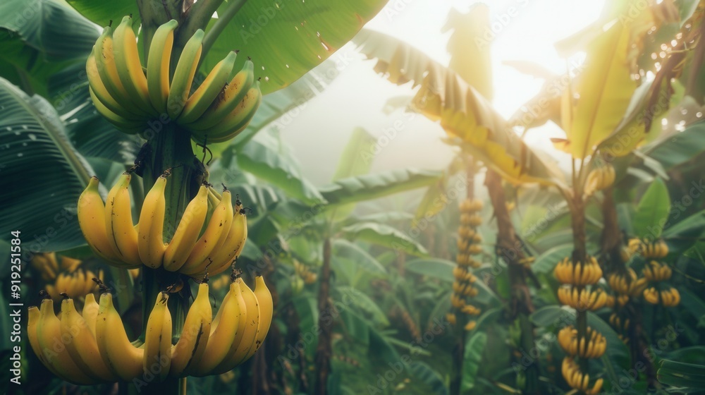 Fototapeta premium Banana plant with fruit in plantation farm field.