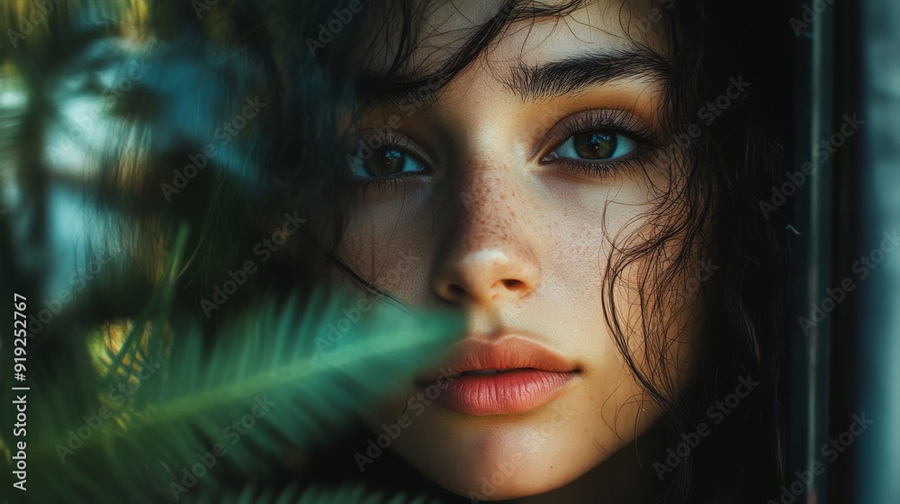 A woman with dark hair and a green leaf in her hair A woman with dark hair and a green leaf in her hair