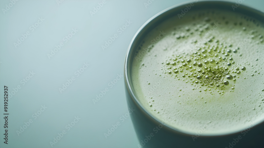 A close-up of a matcha green tea latte with froth reveals a smooth texture and rich green color, showcasing the creamy surface and delicate bubbles A close-up of a matcha green tea latte with froth reveals a smooth texture and rich green color, showcasing the creamy surface and delicate bubbles