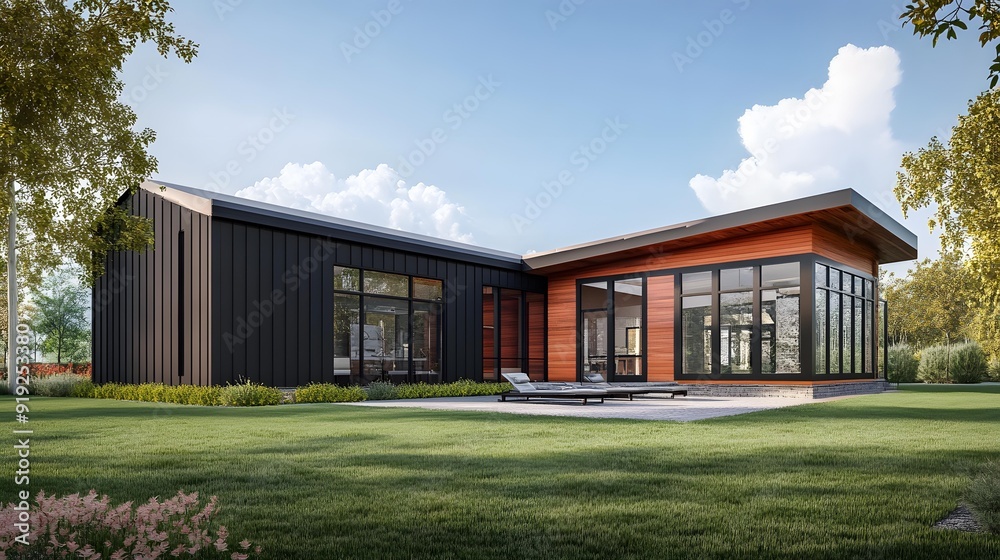 Fototapeta premium Modern House with Black Siding and Wood Accents