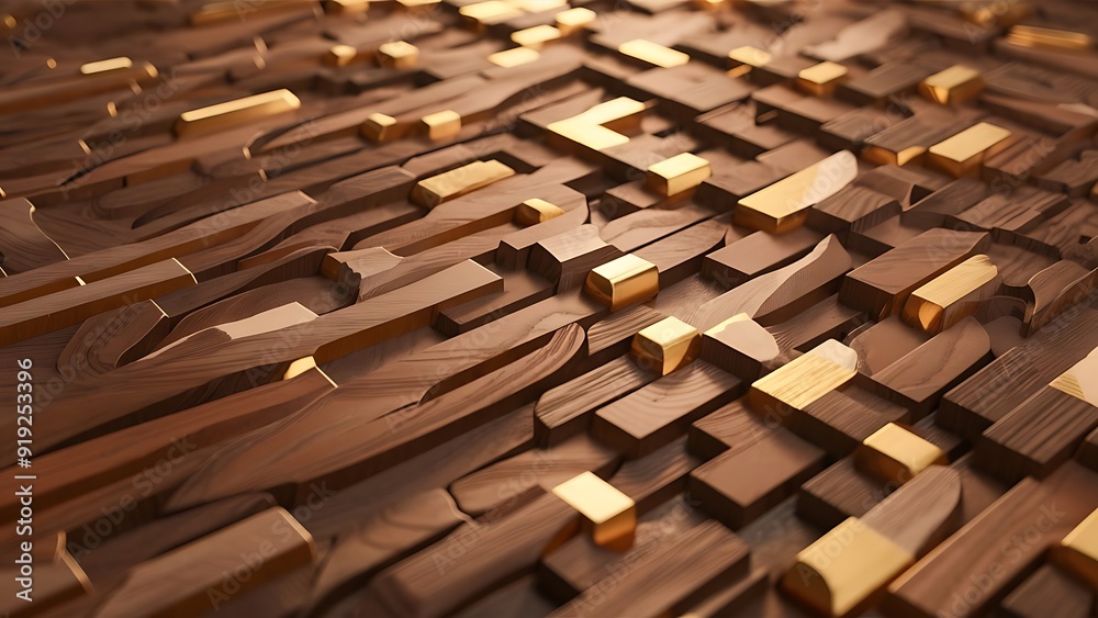3D Wallpaper in the form of imitation of decorative mosaic of wood colored details and gold decor. High quality seamless realistic texture. 3D Wallpaper in the form of imitation of decorative mosaic of wood colored details and gold decor. High quality seamless realistic texture.
