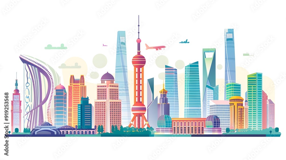 Fototapeta premium Colorful Skyline Illustration Of Shanghai Cityscape With Famous Landmarks