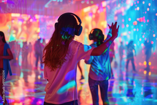 Silent Disco Vibes: Two Friends Dancing Amidst Colorful LED Lights and Reflective Surfaces at an Indoor Silent Disco, Immersive and Energetic Atmosphere Creates a Vibrant and Fun Experience
