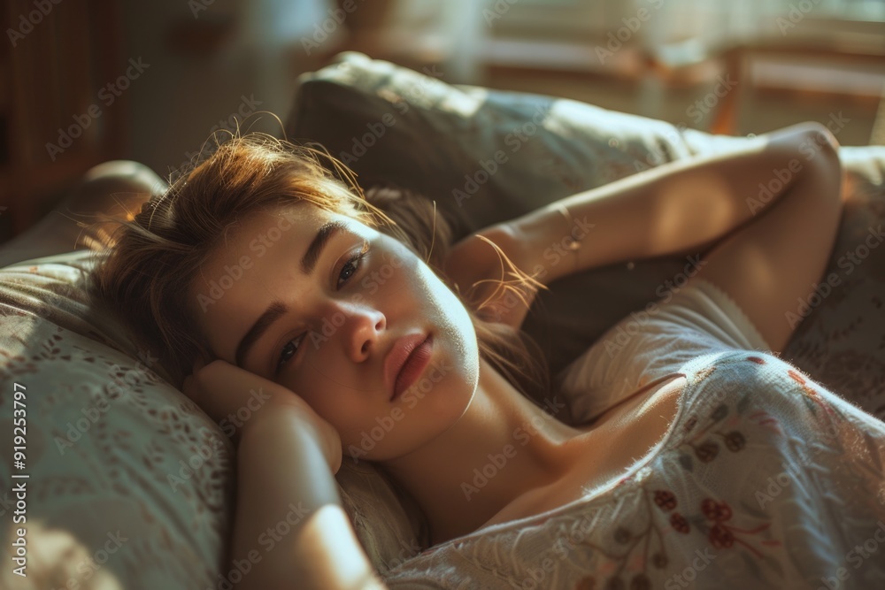 Young woman relaxing on a bed, possibly sleeping or daydreaming Young woman relaxing on a bed, possibly sleeping or daydreaming