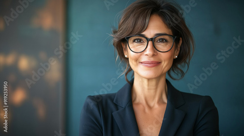 Obraz na płótnie Successful hispanic senior business woman standing confident proudly smiling aside. European Latin 40s years mature good looking middle age leader female businesswoman in office w salonie