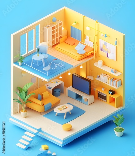 3D Isometric Illustration of a Cozy Living Room with Furniture and Decor