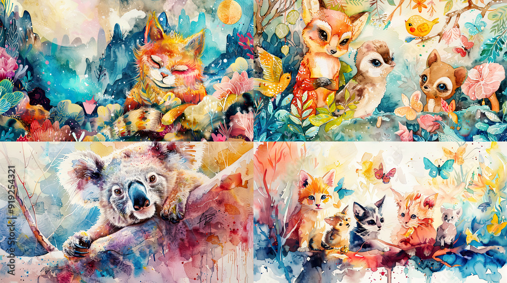 Watercolor whimsical texture on cute animals in playful settings, joyful interactions, and colorful backgrounds Watercolor whimsical texture on cute animals in playful settings, joyful interactions, and colorful backgrounds