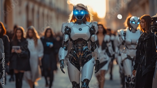 A woman in a white robot suit walks down a street with other people