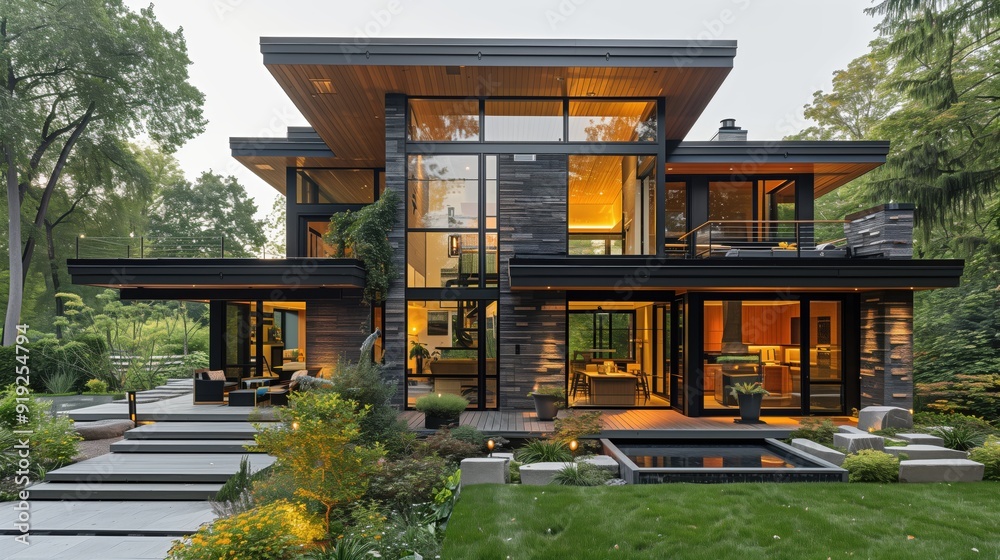 Modern home with lush garden and large windows. Modern home surrounded by a lush garden, featuring large windows, warm lighting, and a sleek, minimalist design.