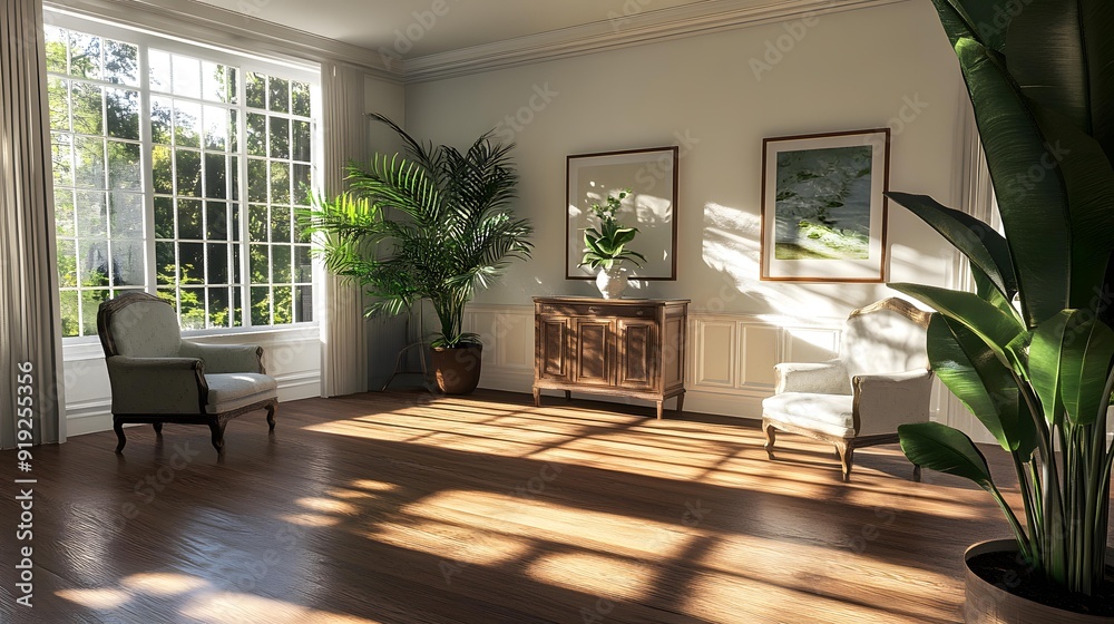 Fototapeta premium Sunlight Streaming Through Window in Living Room with Two Chairs and Plants