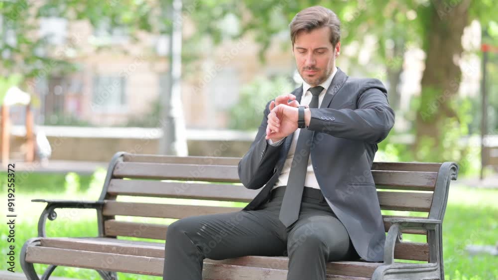 Middle Aged Businessman Using Smartwatch while Sitting Outdoor Middle Aged Businessman Using Smartwatch while Sitting Outdoor