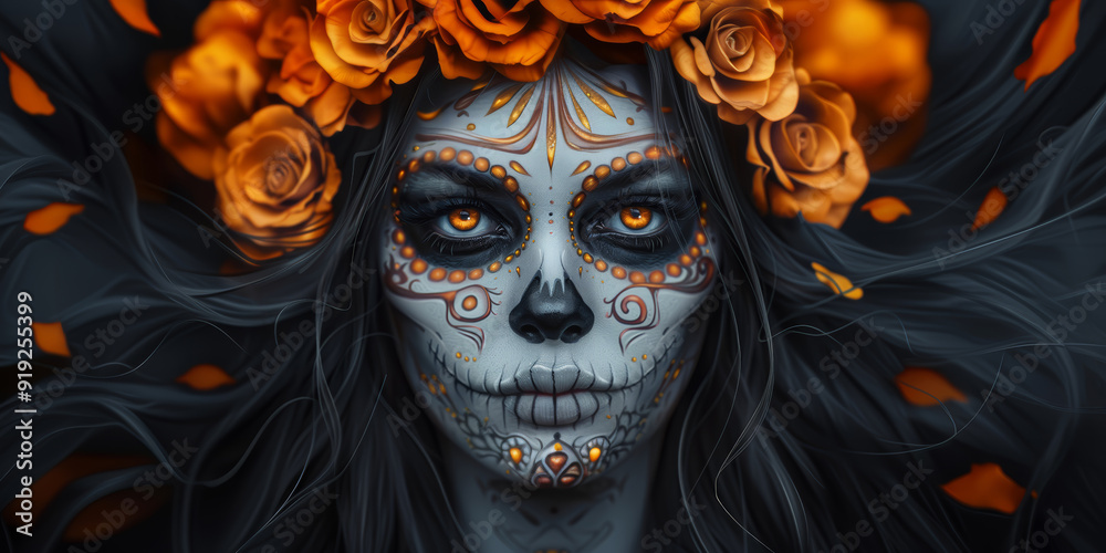 A woman adorned with a floral crown and vibrant face paint honors the Day of the Dead A woman adorned with a floral crown and vibrant face paint honors the Day of the Dead