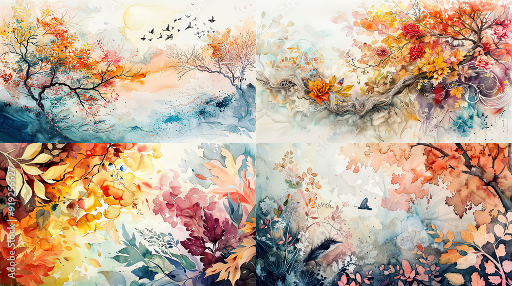 Whimsical interpretations of seasonal cycles in watercolor, featuring feathered edges that evoke a sense of wonder and nostalgia for the passage of time Whimsical interpretations of seasonal cycles in watercolor, featuring feathered edges that evoke a sense of wonder and nostalgia for the passage of time