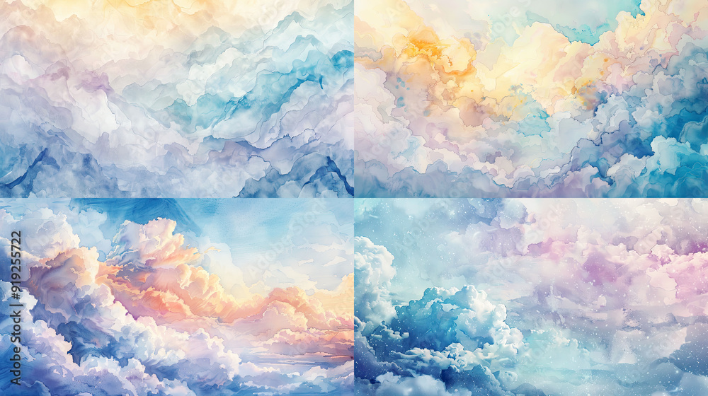 Whimsical texture in watercolor of dreamy clouds and sky, soft pastels, and imaginative formations Whimsical texture in watercolor of dreamy clouds and sky, soft pastels, and imaginative formations