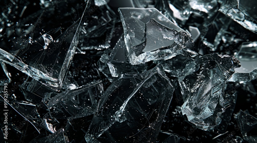 Shattered glass pieces scattered on a dark surface Shattered glass pieces scattered on a dark surface