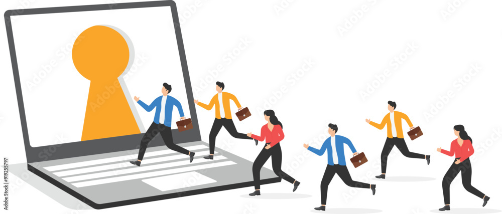 people in business suits work in a team and a big laptop with a keyhole on the screen
people in business suits work in a team and a big laptop with a keyhole on the screen