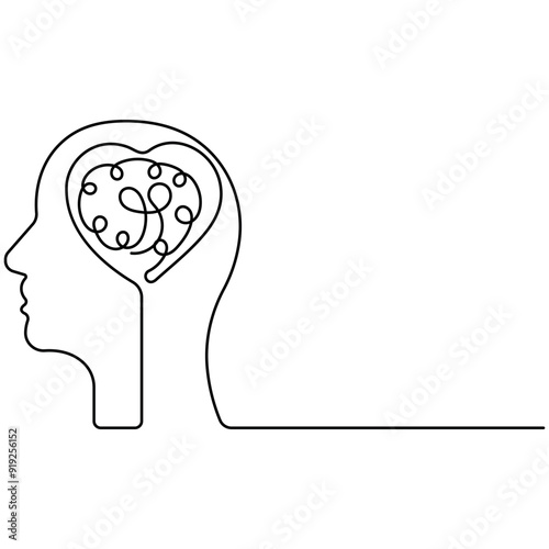 
Human brain single line art, continuous one line drawing of  Isolated outline vector art 
