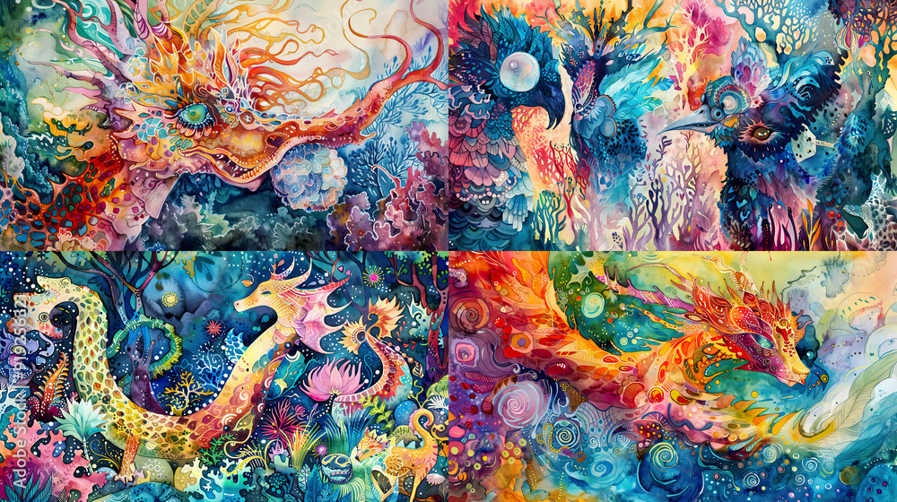 Whimsical texture in watercolor of mythical creatures and fantastical beasts, vibrant colors, and whimsical landscapes Whimsical texture in watercolor of mythical creatures and fantastical beasts, vibrant colors, and whimsical landscapes