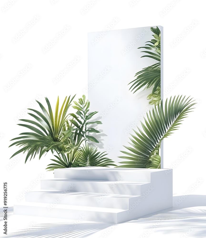 White Steps with Green Palm Leaves White Steps with Green Palm Leaves