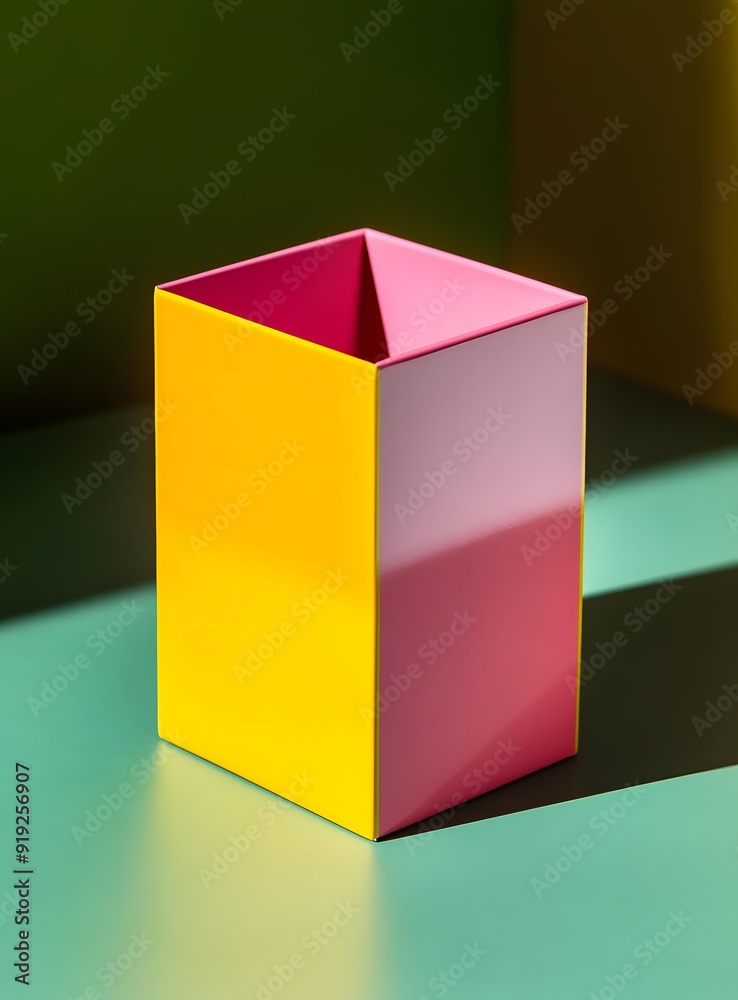 Yellow and Pink Geometric Cube on Green Surface Yellow and Pink Geometric Cube on Green Surface
